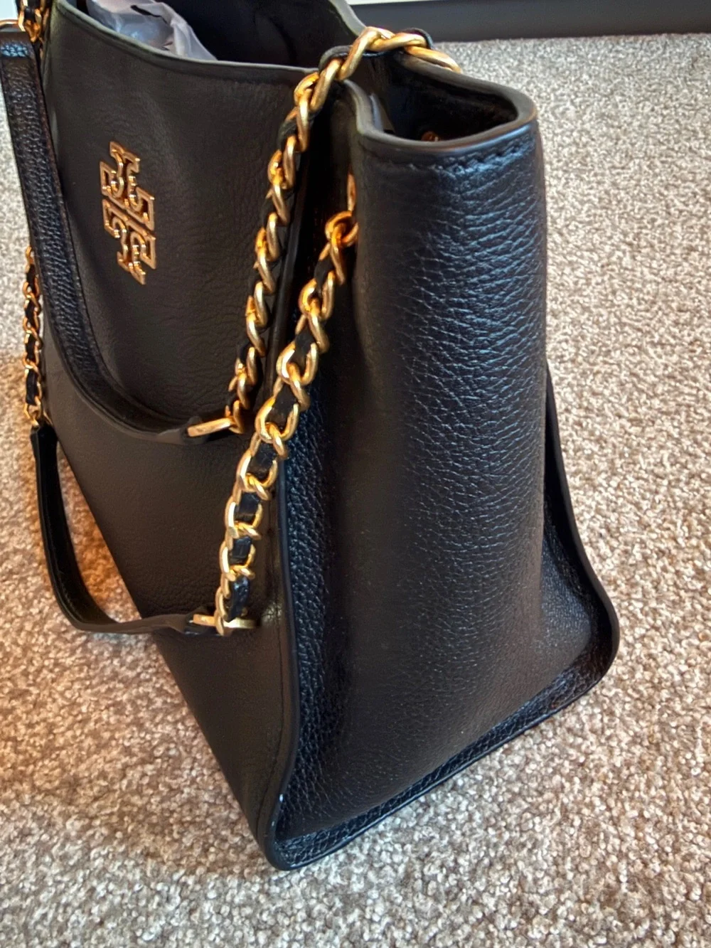 Tory Burch Black Pebbled Leather Shoulder Bag with Gold Hardware